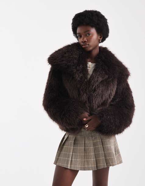 ASOS DESIGN cropped faux fur jacket in brown - view 1