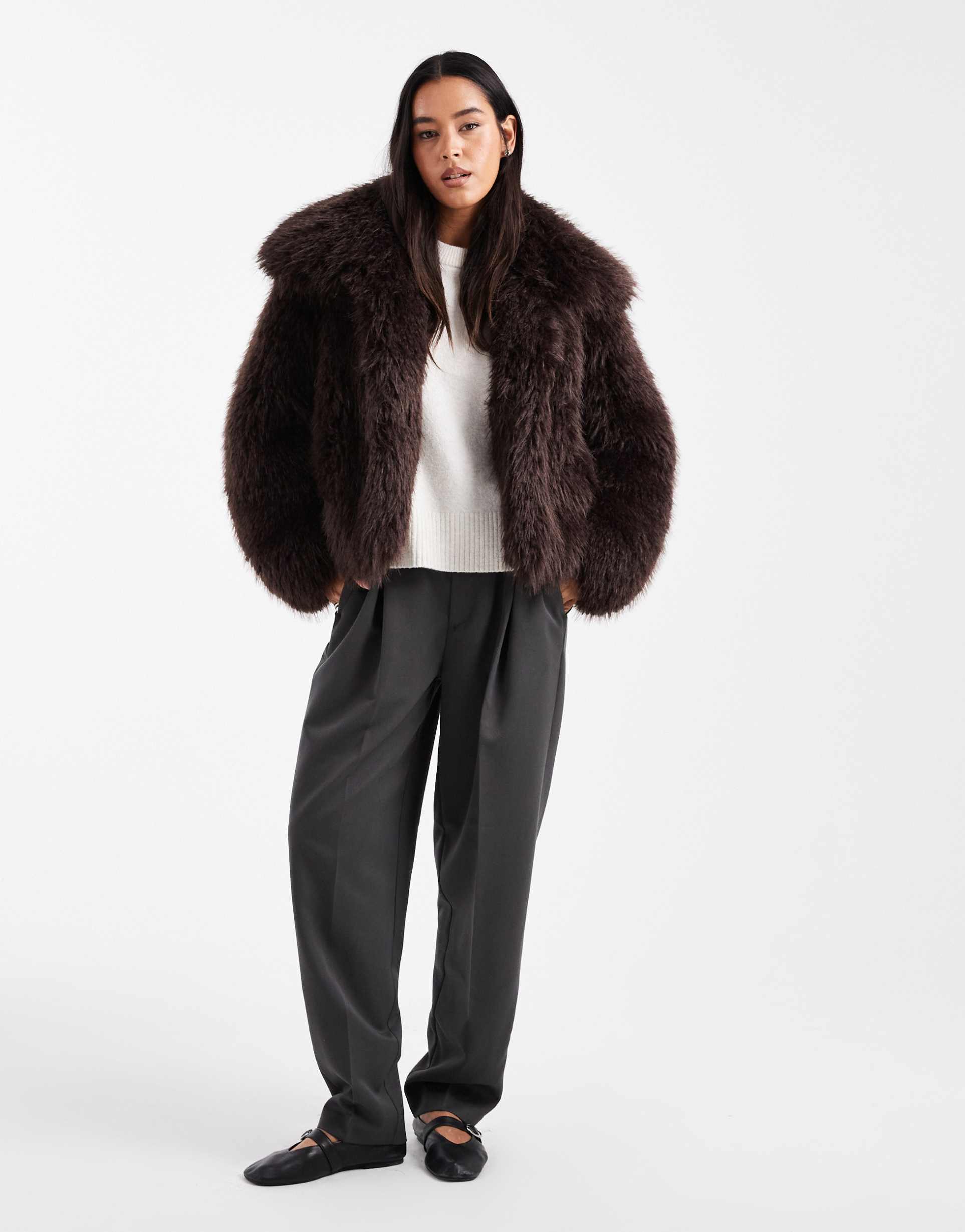 asos design cropped faux fur jacket in brown