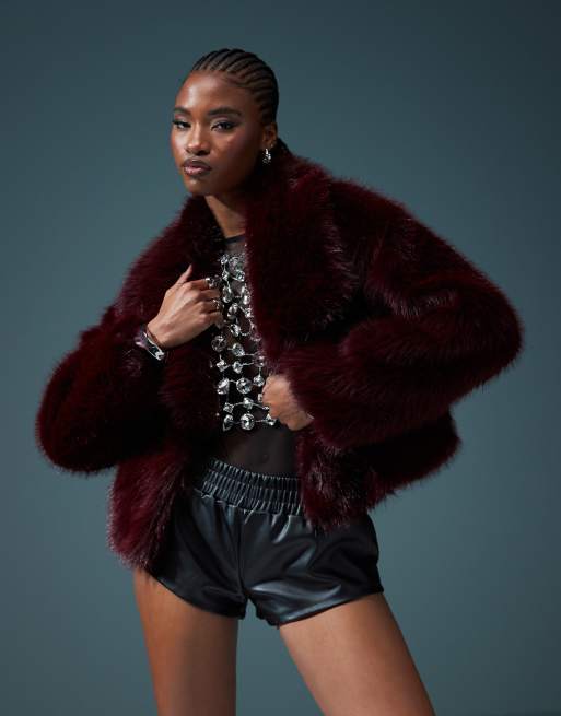 ASOS DESIGN cropped faux fur jacket in burgundy ASOS