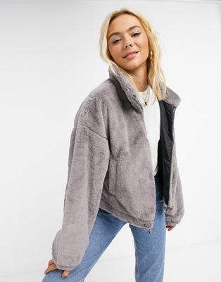 ASOS DESIGN cropped faux fur jacket in gray | ASOS