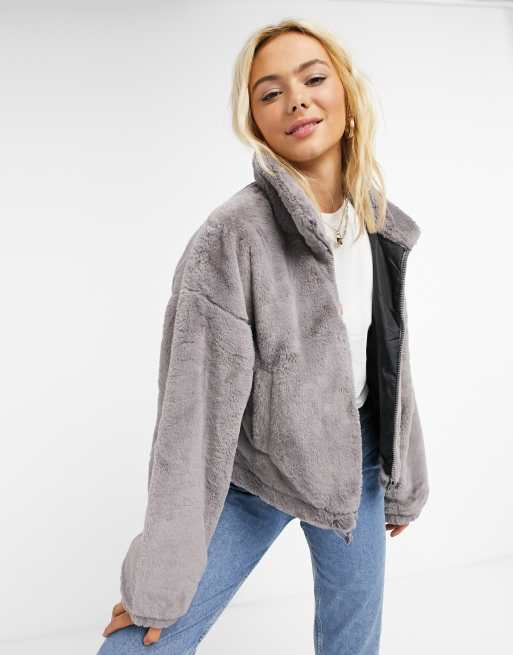 Cropped grey sale fur jacket