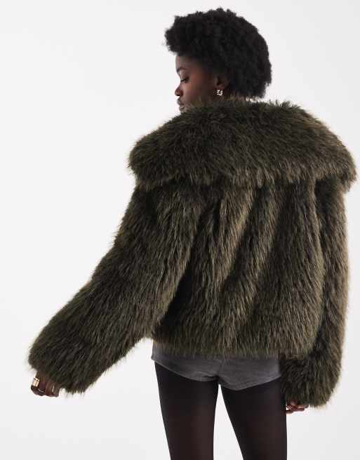 ASOS DESIGN cropped faux fur jacket in khaki green