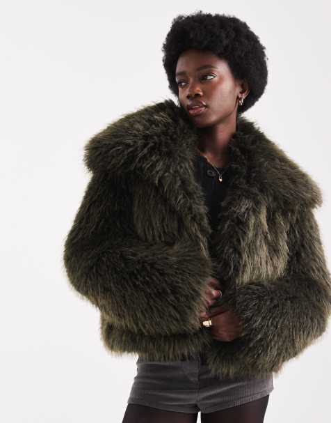 ASOS DESIGN cropped faux fur jacket in khaki - view 1