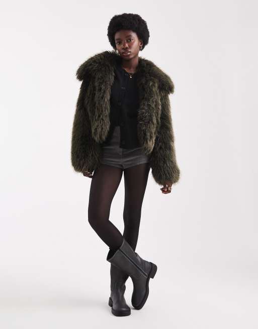 ASOS DESIGN cropped faux fur jacket in khaki green