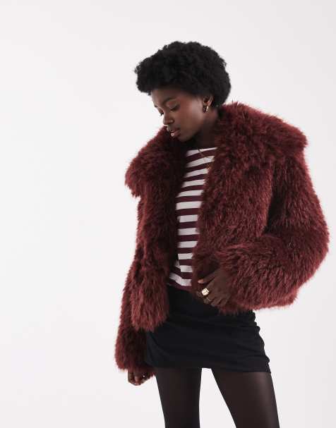 ASOS DESIGN cropped faux fur jacket in mulberry - view 1