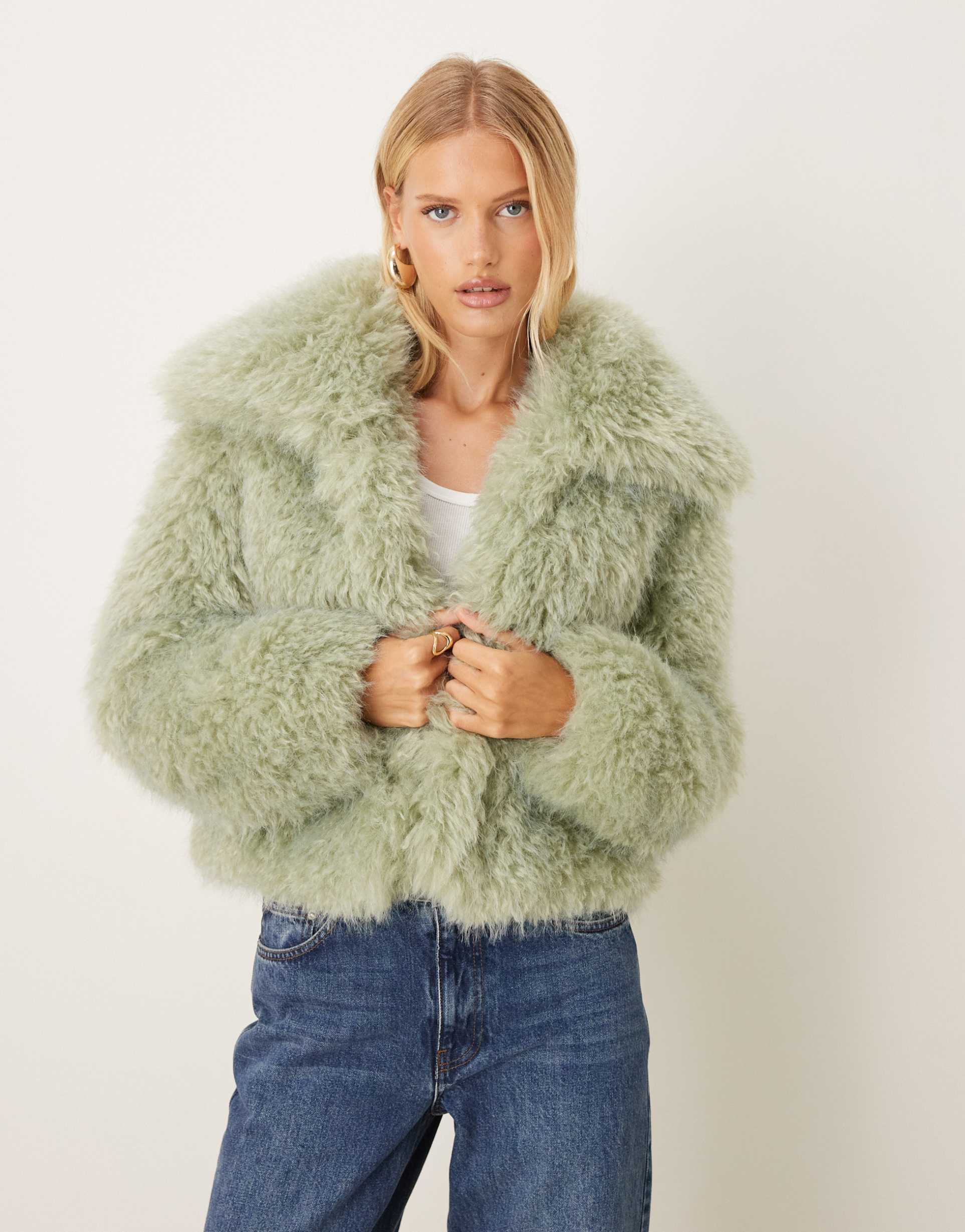 asos design cropped faux fur jacket in sage