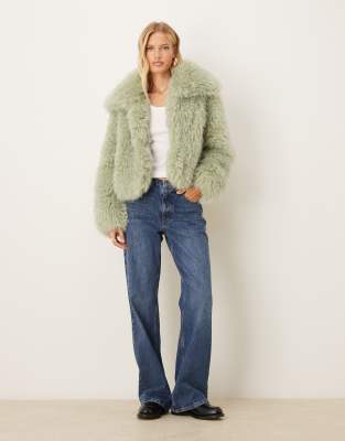 Asos Design Cropped Faux Fur Jacket In Green
