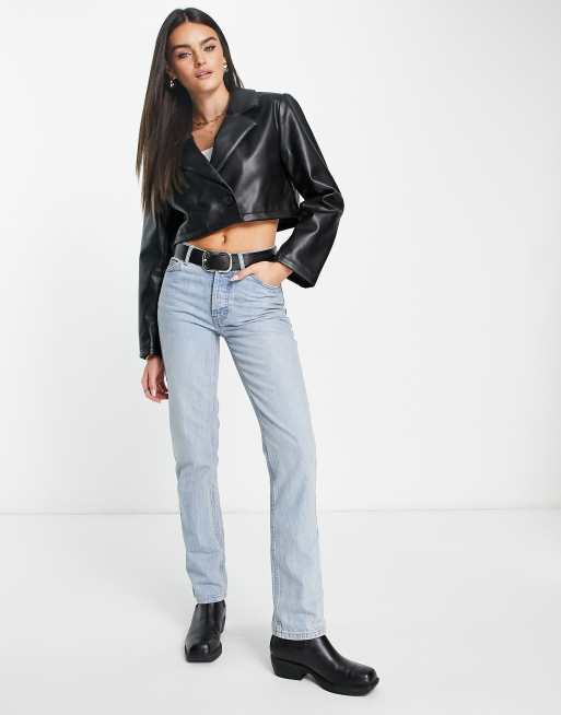 ASOS DESIGN cropped faux leather blazer jacket in black | ASOS