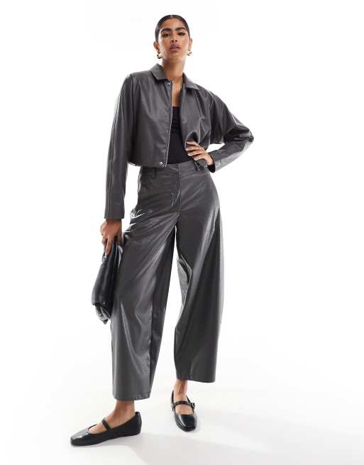 ASOS DESIGN cropped faux leather jacket and pants set in gray croc