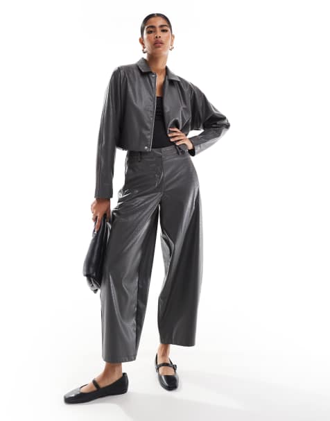 ASOS DESIGN cropped faux leather jacket and trouser co-ord in grey croc - view 1
