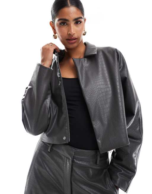 ASOS DESIGN cropped faux leather jacket in grey croc (part of a set)