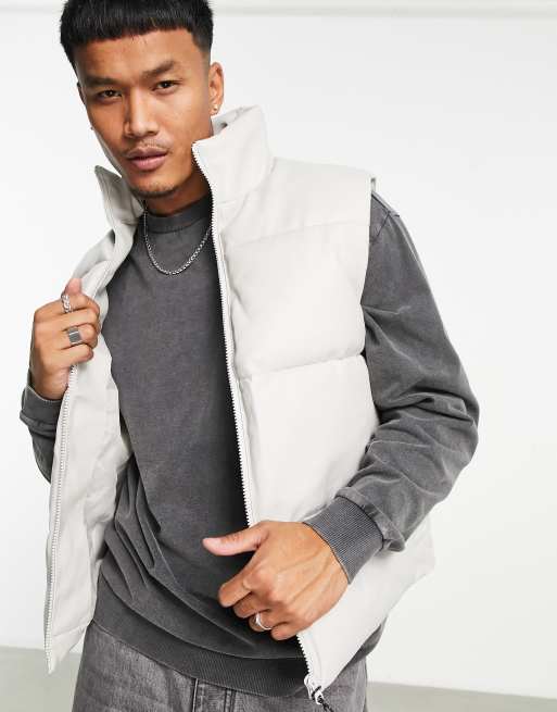 ASOS DESIGN cropped faux leather puffer gilet in grey | ASOS