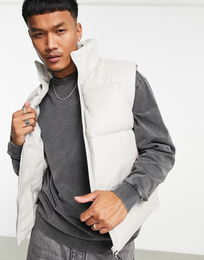 ASOS DESIGN cropped faux leather puffer vest in gray