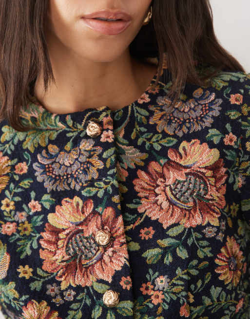 ASOS DESIGN cropped fitted jacket co-ord in tapestry floral, 2 of 4