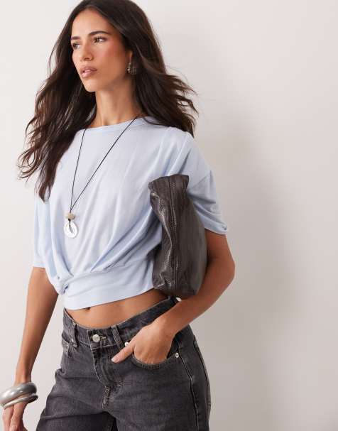 ASOS DESIGN cropped fitted waist floaty t-shirt in light blue - view 1