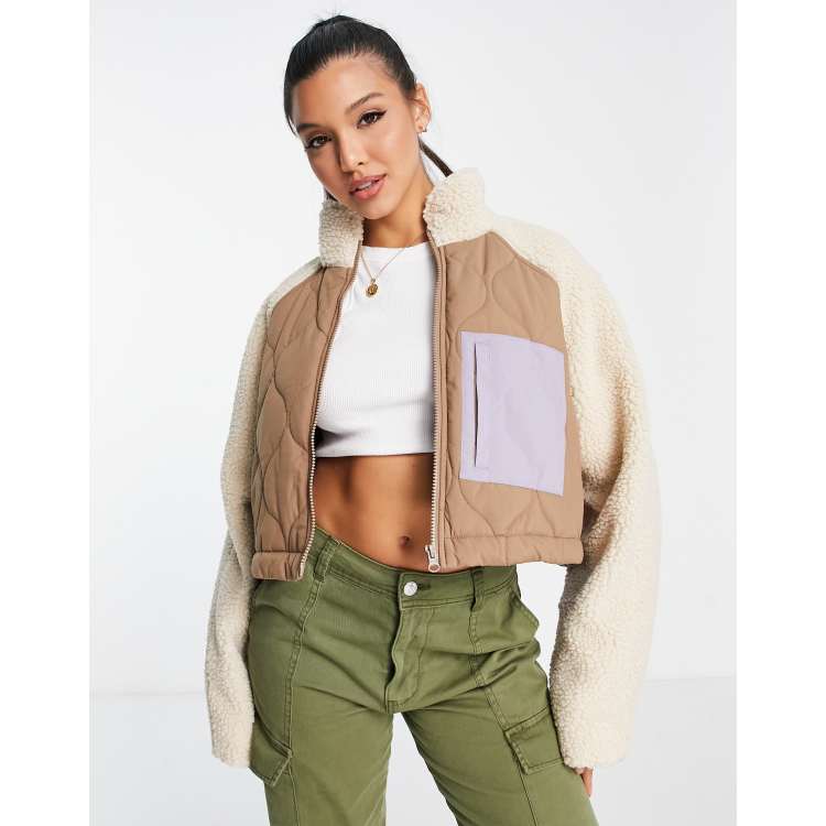 ASOS DESIGN luxe collar cropped puffer jacket in camel