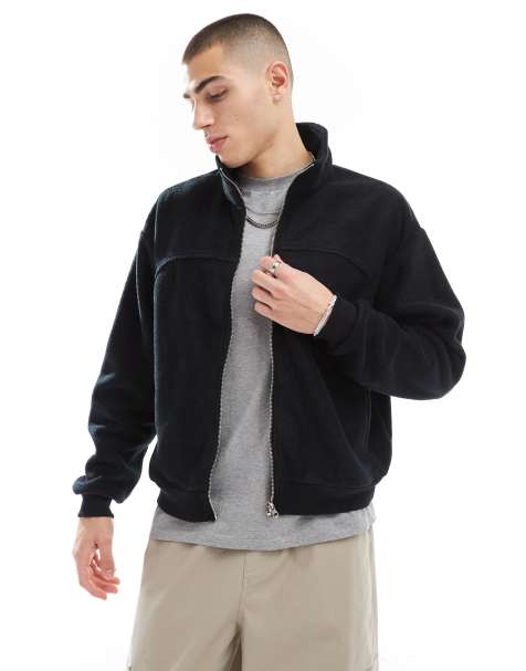 ASOS DESIGN cropped fleece track jacket in black - view 1