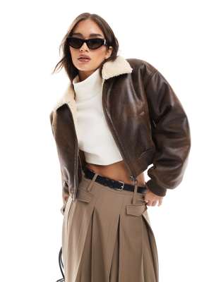 Asos Design Cropped Flight Jacket In Brown