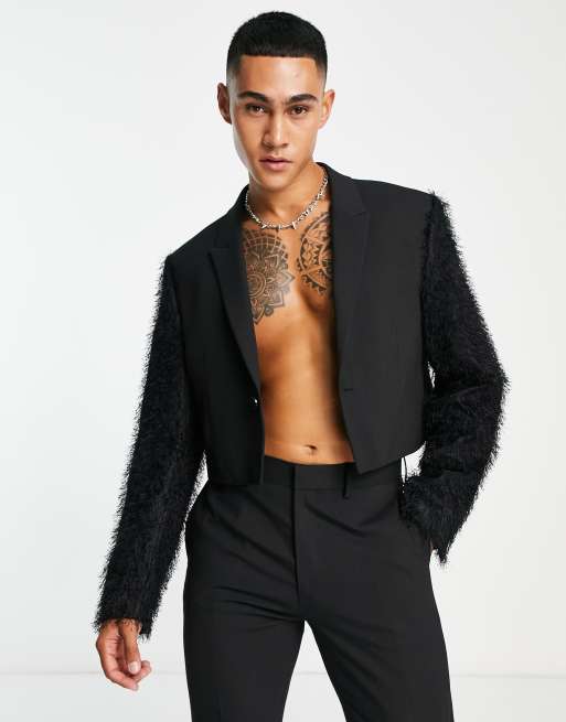 ASOS DESIGN cropped fluffy sleeve suit jacket in black