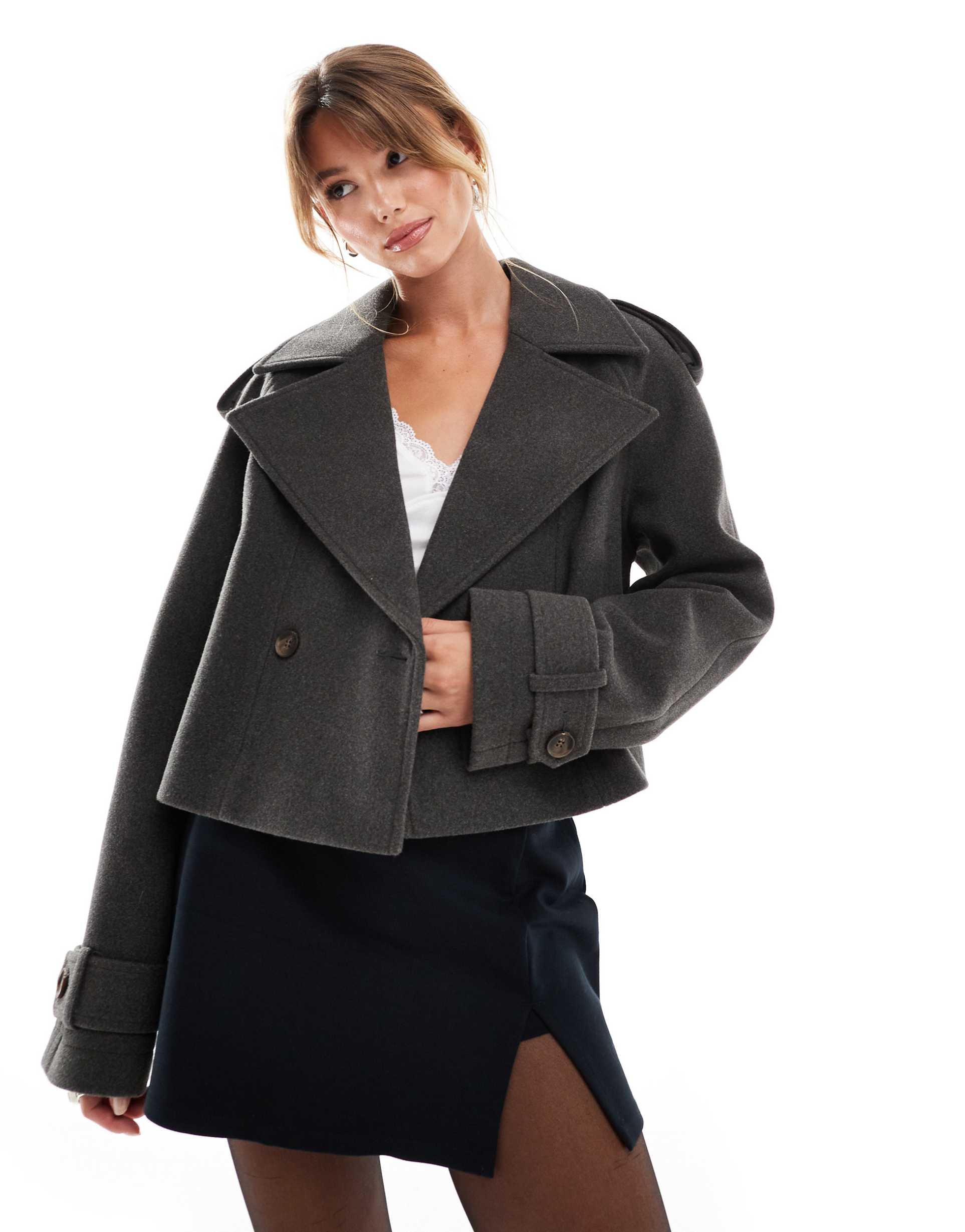 asos design cropped formal trench coat in charcoal
