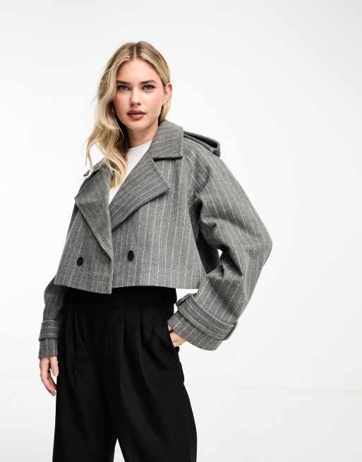 ASOS DESIGN cropped formal trench in gray pinstripe | ASOS