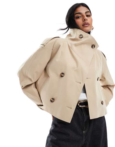 ASOS DESIGN cropped funnel neck trench coat in stone - view 1