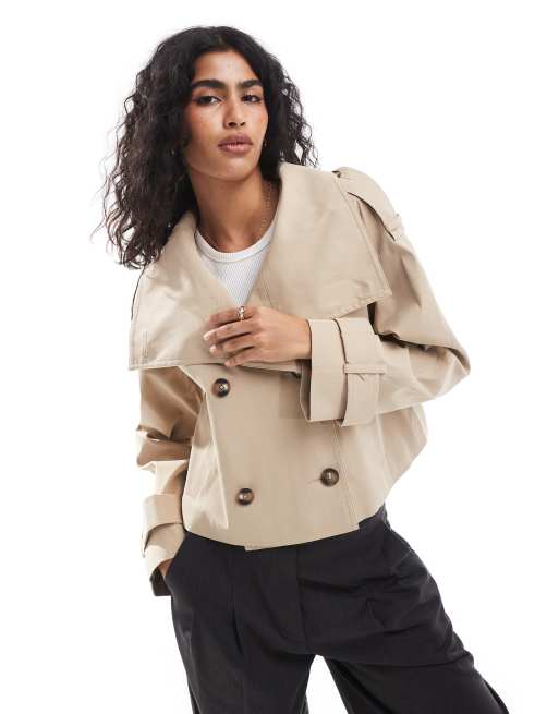 ASOS DESIGN cropped funnel neck trench coat in stone