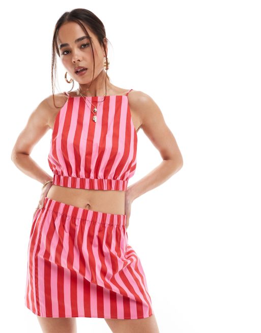 ASOS DESIGN - Cropped gestreept hemdje met bandjes in roze en rood, deel van co-ord set