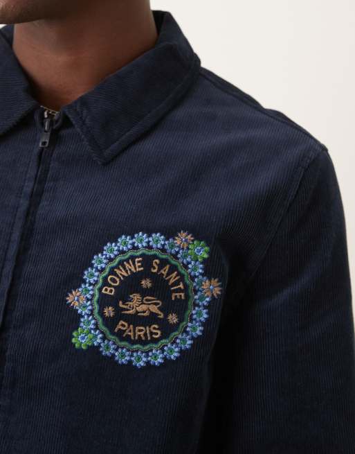 ASOS DESIGN cropped Harrington jacket in cord with embroidery in navy