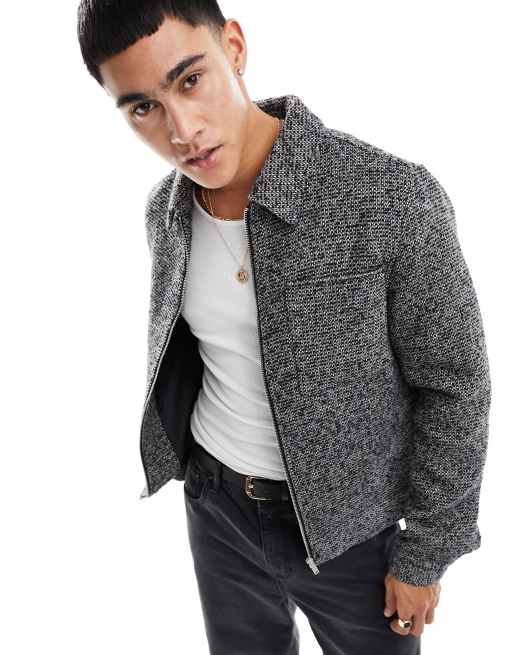 ASOS DESIGN cropped harrington jacket in textured black wool mix
