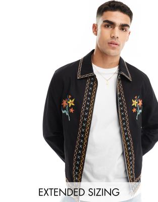 cropped harrington jacket with embroidery in black