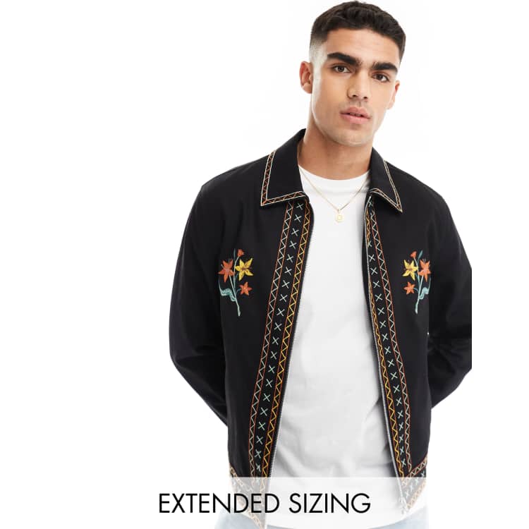 ASOS DESIGN cropped harrington jacket with embroidery in black