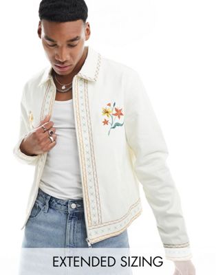 ASOS DESIGN cropped harrington jacket with embroidery in ecru