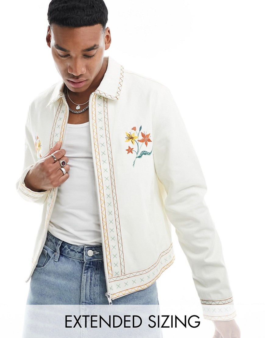 ASOS DESIGN cropped harrington jacket with embroidery in ecru-Neutral