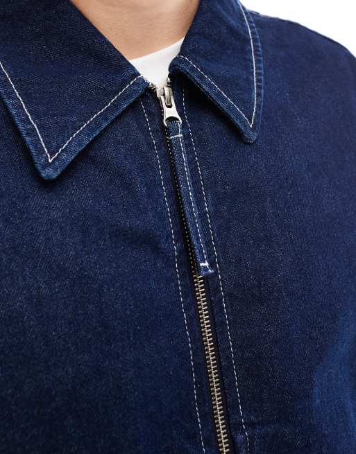 ASOS DESIGN - Cropped harrington-jakke i rå denim med kontrastfarvede stikninger, 3 af 4
