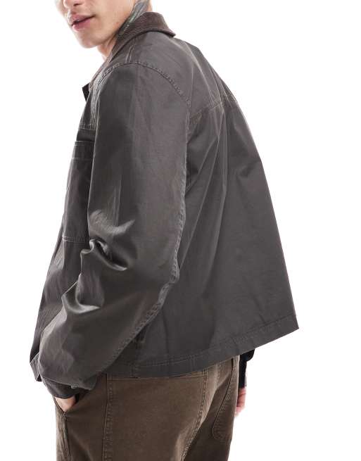 ASOS DESIGN cropped harrington wax jacket in brown