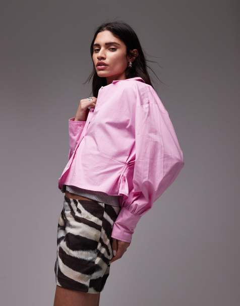 ASOS DESIGN – Cropped Hemdbluse in Rosa mit geraffter Taille, Kombiteil - view 1