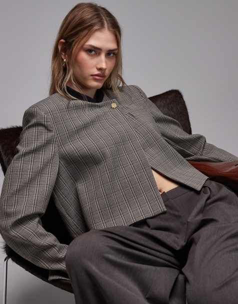 ASOS DESIGN cropped high collar wrap blazer in blue and gray plaid - view 1