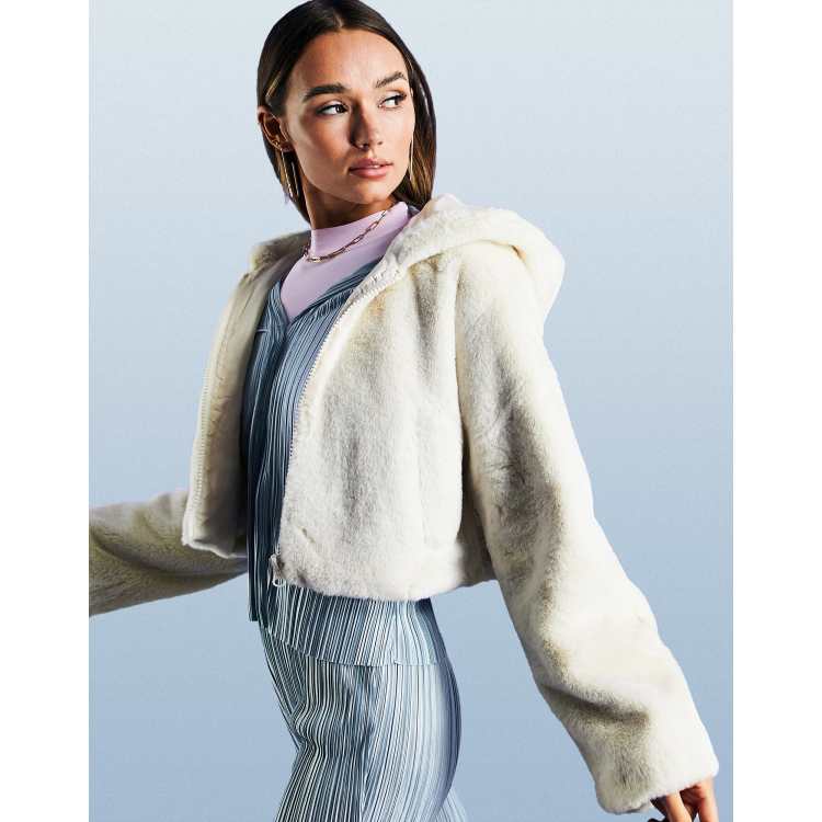 ASOS DESIGN cropped hooded faux fur jacket in cream