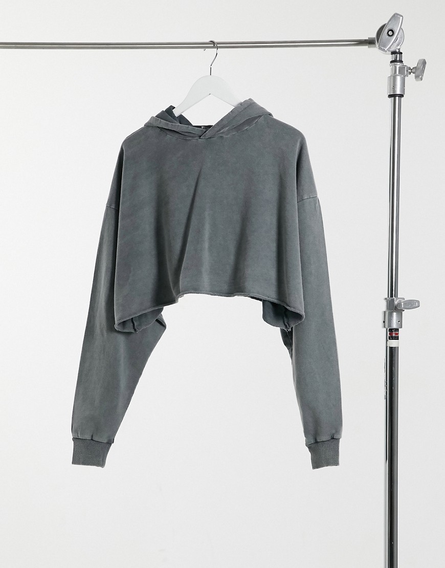 Asos Design Cropped Hoodie In Washed Gray-grey
