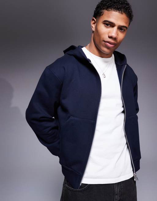 ASOS DESIGN premium heavyweight boxy cropped zip through hoodie 400gsm in navy