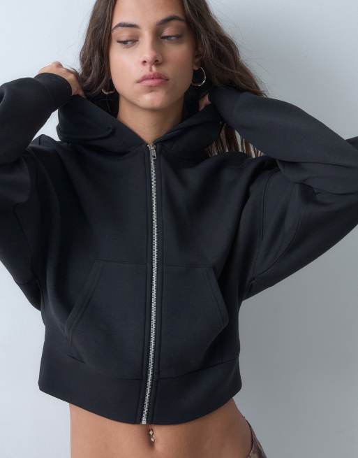 ASOS DESIGN cropped hættetrøje med lynlås i sort scuba-lignende stof, 3 af 5
