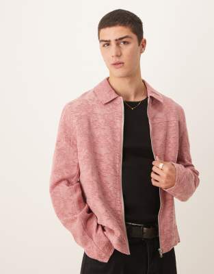 Asos Design Cropped Jacquard Harrington Jacket In Pink