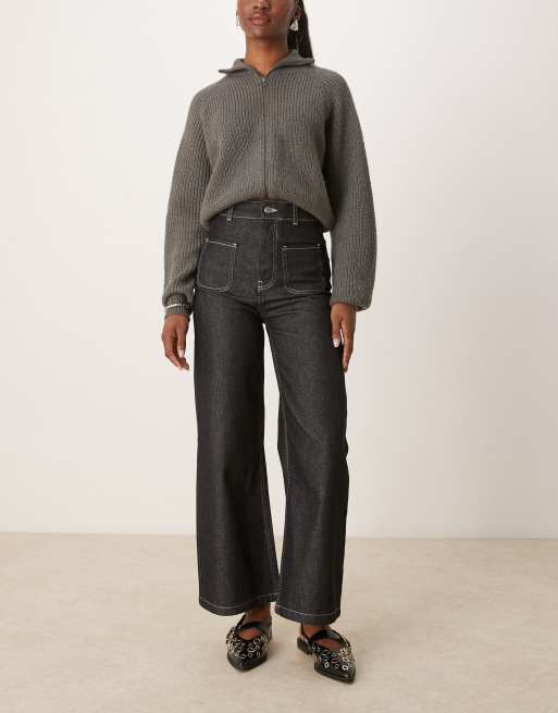 ASOS DESIGN - Cropped jeans met wijde pijpen, opgestikte zakken en contrasterende stiksels in zwart en ecru