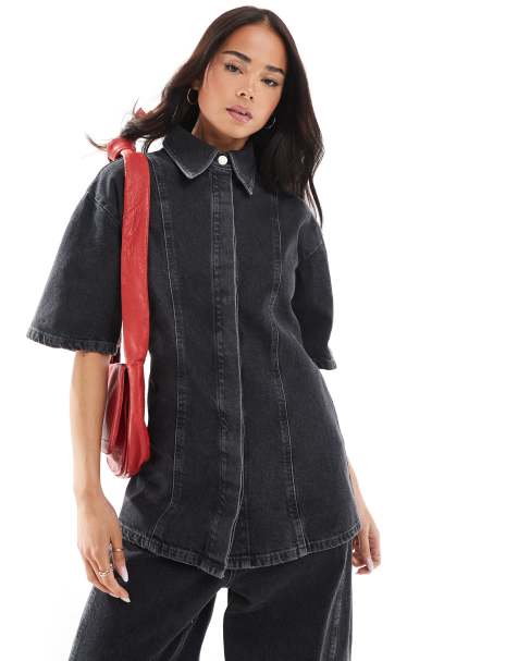 ASOS DESIGN – Cropped Jeanshemd in Grau, Kombiteil - view 1