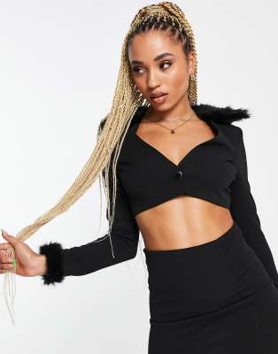 ASOS DESIGN jersey suit mini skirt with faux fur detail in black