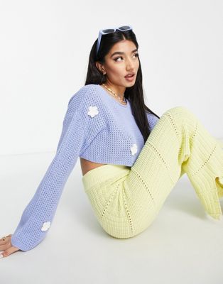 ASOS DESIGN cropped jumper with crochet flowers in lilac | ASOS