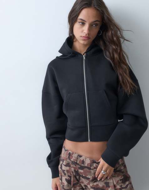 ASOS DESIGN cropped Kapuzenjacke mit durchgehendem Reißverschluss aus schwarzem Material in Scuba-Optik - view 1