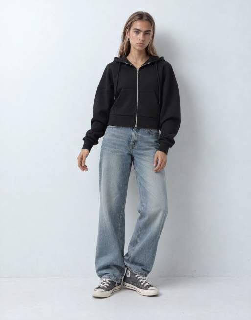 ASOS DESIGN cropped Kapuzenjacke mit durchgehendem Reißverschluss aus schwarzem Material in Scuba-Optik, 7 von 10