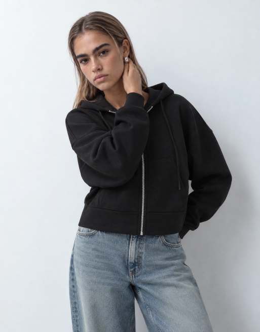ASOS DESIGN cropped Kapuzenjacke mit durchgehendem Reißverschluss aus schwarzem Material in Scuba-Optik, 8 von 10